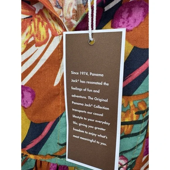 NWT Panama Jack Womens Top Linen Blend Puff Slv Tropical Boxy V Neck Boho Sz M - Picture 8 of 11